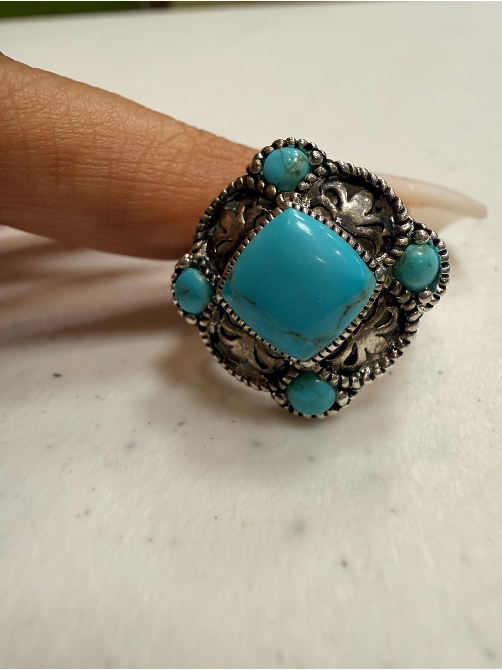 Turquoise Statement Ring - Silver-Tone Ornate Design - Picture 2 of 7
